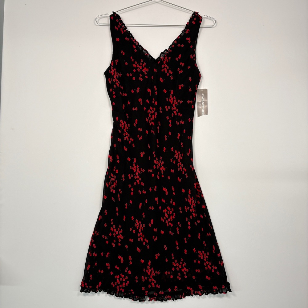 NWT Jones New York Women Dress 10 Black Red Floral Ruffle V-Neck Sleeveless Midi